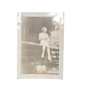 Vtg Lady in Front of Cabin Original Monochrome Photo 1946 Found Snapshot